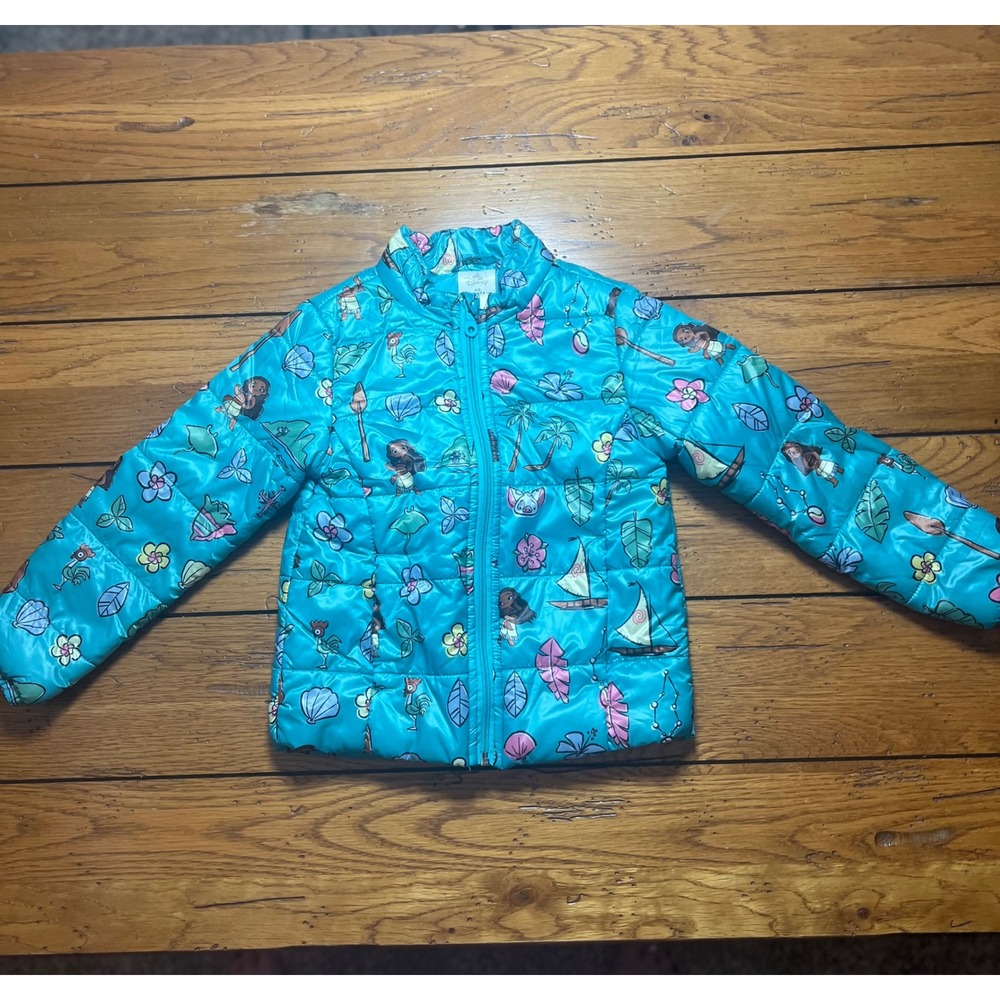 Disney Moana Puffer Jacket Teal Blue Character Print Kids Size 5/6 Full Zip
